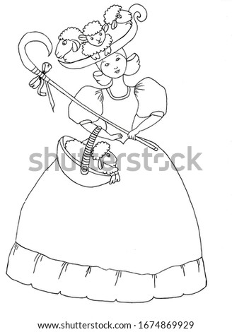 cute cowgirl with lambs. coloring book for children.