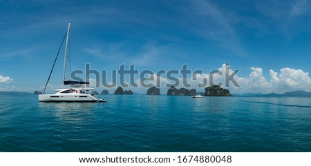 Nature scenic landscape Andaman sea Krabi with sailing yacht for traveler, Luxury cruise travel Krabi Thailand beach, Tourism beautiful destination place Asia, Tourist on summer holiday vacation trip.