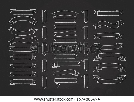 Chalk stroke blank label ribbon vector set illustration. White chalk style curved ribbons, scroll flags or curled labels with blank space for message, isolated on blackboard for special price promo Royalty-Free Stock Photo #1674885694