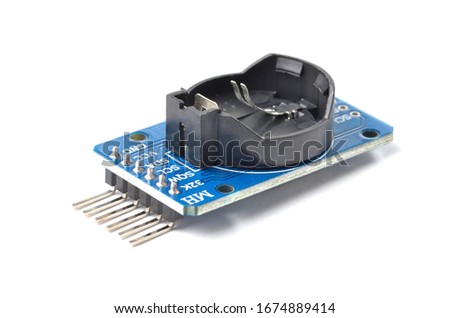 Module of real time for smart electronic microcontroller and computers, battery charging. Isolated on white background.