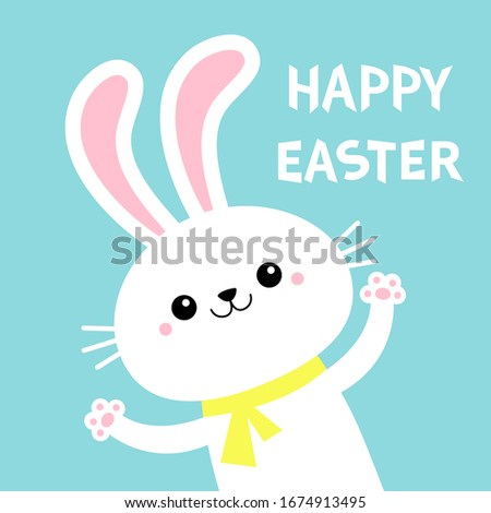 Happy Easter. Cute bunny rabbit waving paw print hands. Yellow scarf. Kawaii cartoon funny smiling baby character. White farm animal. Blue background. Isolated. Flat design. Vector illustration