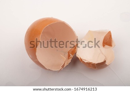 The shell of a broken chicken egg on a white background. Close up.