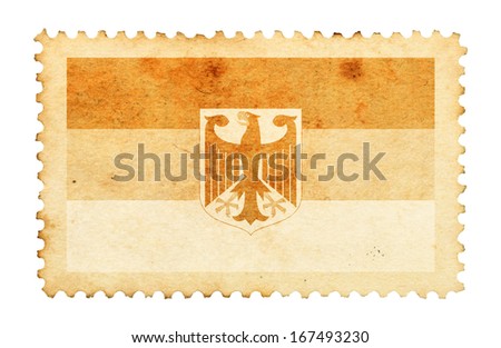 Water stain mark of Germany flag on an old retro brown paper postage stamp.