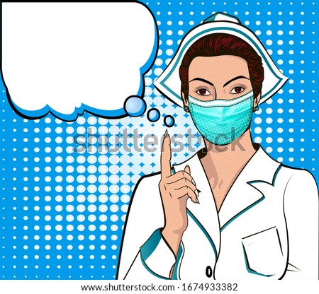 Masked nurse points to retro style pop art message illustration.