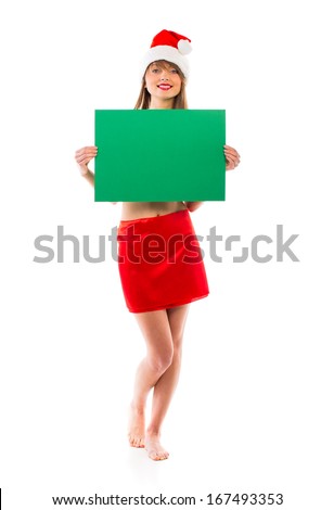 Smiling christmas girl with green placard on white background