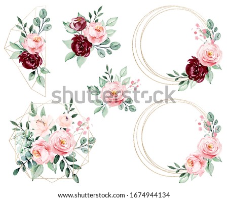Gold frames set, wreath border and blossom arrangement. Watercolor flowers hand painting, floral geometric background. Clip art isolated on white background.