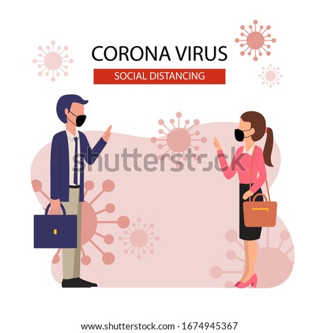 Social distancing example for greeting to avoid spreading corona virus. Flat design vector. Royalty-Free Stock Photo #1674945367