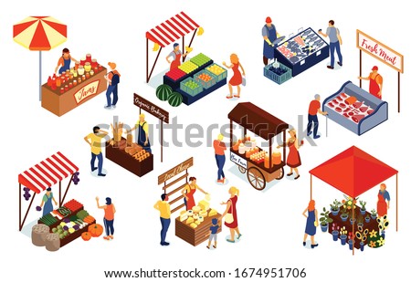 Vendors selling meat fish vegetables cheese flowers honey jam bread at farm market 3d isometric set isolated vector illustration