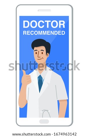A doctor wearing giving a thumbs up coming out of smart phone, Vector Illustration