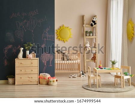 Modern baby room with cradle, cloud toy, wooden cabinetstyle.