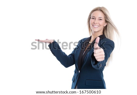Smiling woman presenting and thumb up - Isolated over white background