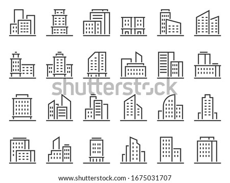 Line building icons. Hotel companies business icon, city buildings and town symbol  set. Urban architecture, multistorey houses and skyscrapers linear pictograms. Logotype design element