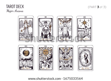 Tarot card deck.  Major arcana set part 3 of 3 . Vector hand drawn engraved style. Occult and alchemy symbolism. The sun, moon, star, temperance, tower, world, judgement Royalty-Free Stock Photo #1675033564