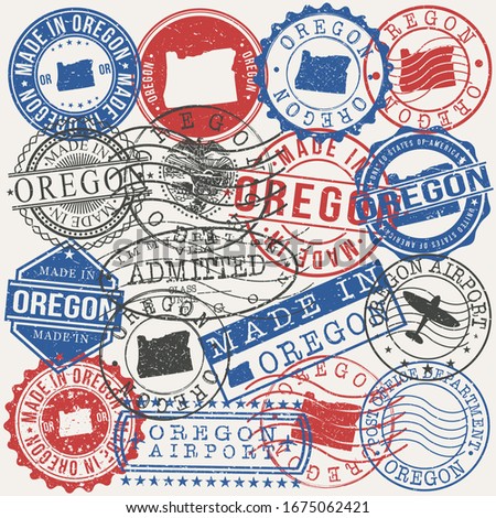 Oregon, USA Set of Stamps. Travel Passport Stamps. Made In Product. Design Seals in Old Style Insignia. Icon Clip Art Vector Collection.