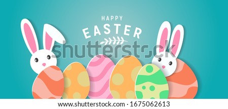 Happy easter with white rabbit and lettering. creative design for banner, Greeting card, or social media post.