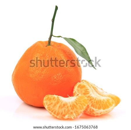 Mandarin, tangerine, clementine with leaves isolated on white background