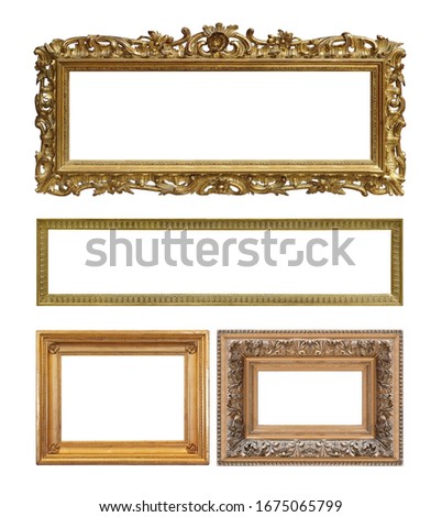 Set of golden frames for paintings, mirrors or photo isolated on white background	