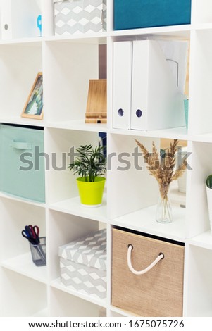 White folders for documents, plants in the office and boxes in a working open cupboard. Image of board with documents in office.