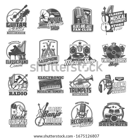 Musical instruments, sound equipment and vinyl music vector icons. Piano, drum, guitar and saxophone, violin, trumpet and banjo, headphones, record player, synthesizer and loudspeaker symbols