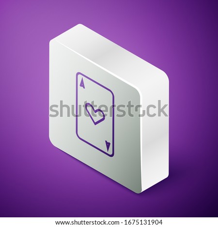Isometric line Playing card with heart symbol icon isolated on purple background. Casino gambling. Silver square button. Vector Illustration