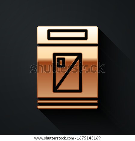 Gold Cigarettes pack box icon isolated on black background. Cigarettes pack. Long shadow style. Vector Illustration