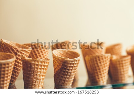 Empty ice-cream cones in close-up.