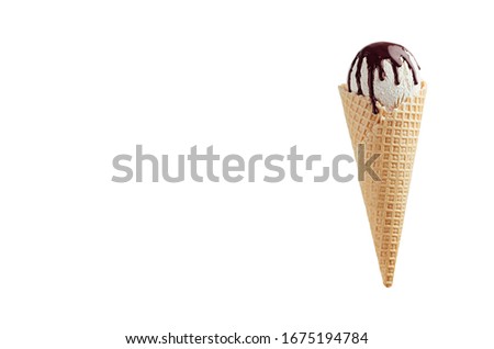 White ice cream in crisp waffle cone with chocolate sauce isolated on white background, mock up, summer food.