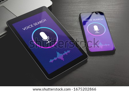 Voice search technology, speech detect and sound recognition deep learning siri concept. Voice search application with microphone and wave icon on mobile phone and tablet pc screens