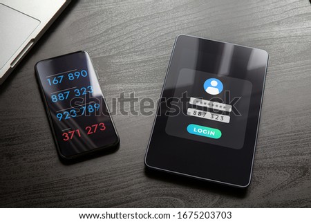 2-step authentication, two steps Verification SMS code password concept. 2FA Secure and reliable access to the network. Smart phone with special soft and tablet PC with login form vector illustration Royalty-Free Stock Photo #1675203703
