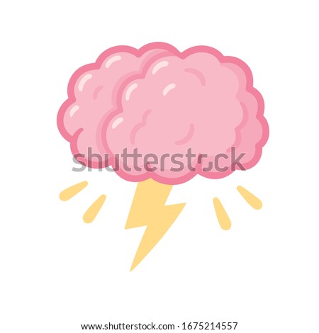 Brainstorm drawing, cartoon brain with storm lightning. Creative thinking and problem solving. Isolated vector clip art illustration.