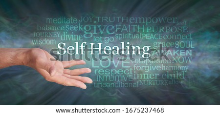 Masculine Self Help Healing Word Tag Cloud - male open hand with the words SELF HEALING and a relevant word cloud against dark  green radiating gaseous effect background 
 Royalty-Free Stock Photo #1675237468