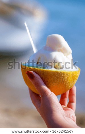 Girl holding ice cream in melon