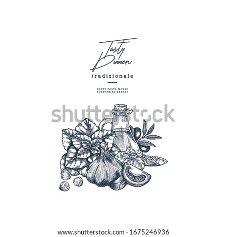 Tasty food illustration. Basil, garlic. olive oil, tomato, anchovy, capers. Engraved style. Vector illustration