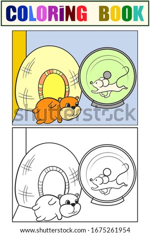Terrarium for rodents. The hamster and mouse are playing. Set of coloring book and color picture. Vector illustration