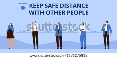 Poster Keep a safe distance with other people. Precautions for the coronavirus epidemic covid-2019. Masked people at a distance of one meter Royalty-Free Stock Photo #1675275835