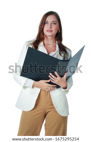 Portrait of young beautiful woman holding black file folder of document isolated on white background, smart business working female concept.