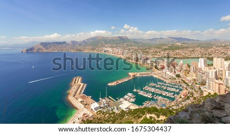 Panorama of the resort town of Calpe from the height of the natural park on Ifach rock. Calpe. Costa Blanca. Valencia. Spain.