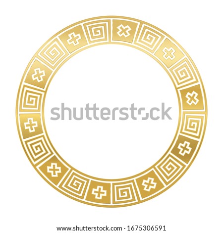 Classical golden Greek meander, circle frame, made of seamless meander pattern. Decorative border with meanders and crosses in black squares. Greek fret or key, meandros. Illustration over white.