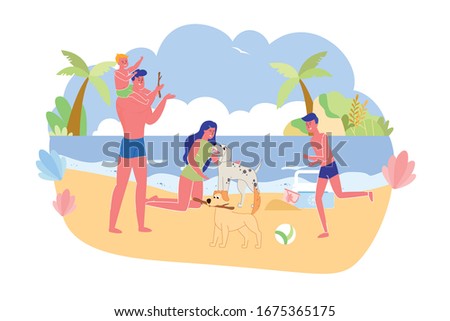 Big Family with Favorite Pets on City Beach Banner. Mom is on her knees and Stroked one Dog. Father with Sons Plays Wand with another Animal. Next to Sand Lie Kindergarten Bucket and Refrigerator Bag.