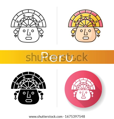 The Incas icons set. Man face in traditional inca headdress. Ancient south american ceremonial mask. Hispanic god. Peruvian culture. Linear, black and RGB color styles. Isolated vector illustrations
