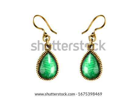 Elegant vintage drop shaped malachite gold earrings on white background Royalty-Free Stock Photo #1675398469