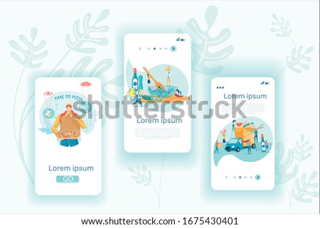 Meal Products Delivery Mobile App Screen Templates. Cafe Salad Ingredients Choosing Online Smartphone Web Pages Vector Layout. Pizzeria Courier Service Vector Illustration. Takeaway Pizza Delivering