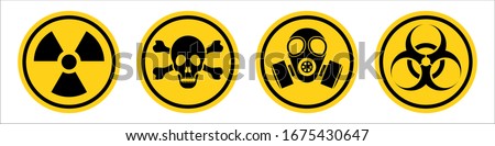 Danger warning yellow sign. Radiation sign, Gas mask, Toxic sign and Bio hazard. Vector icon isolated on white background.