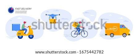 Online delivery service concept, online order tracking, delivery home and office. Warehouse, truck, drone, scooter and bicycle courier, delivery man. Vector illustration