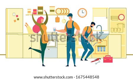 Cheerful Housewife Rejoice and Jumping with Hands Up for Plumbers Repair Washbasin on Kitchen. Plumbing Maintenance Service. Man Giving Glass of Water to Happy Woman. Cartoon Flat Vector Illustration
