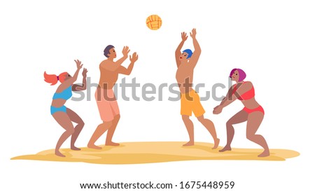 Team play beach volleyball. Active summer leisure. Sport game players hand drawn cartoon characters with tropical sand beach on background. Flat color vector illustration.