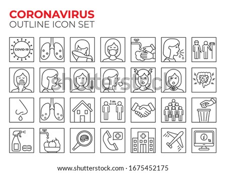 Coronavirus line icon set for infographic or website. Covid-19 symptoms, transmission and precaution outline icons. Virus pandemic vector illustrations. 2019-nCoV prevention tips (mask, wash hands...) Royalty-Free Stock Photo #1675452175