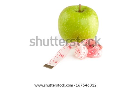 Picture of green apple and tape measure isolated on white
