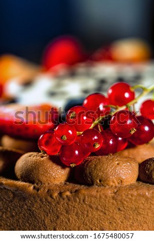 chocolate cheesecake with cream and currant berries close-up
