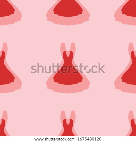 Seamless pattern of large isolated red flared dress symbols. The elements are evenly spaced. Vector illustration on light red background